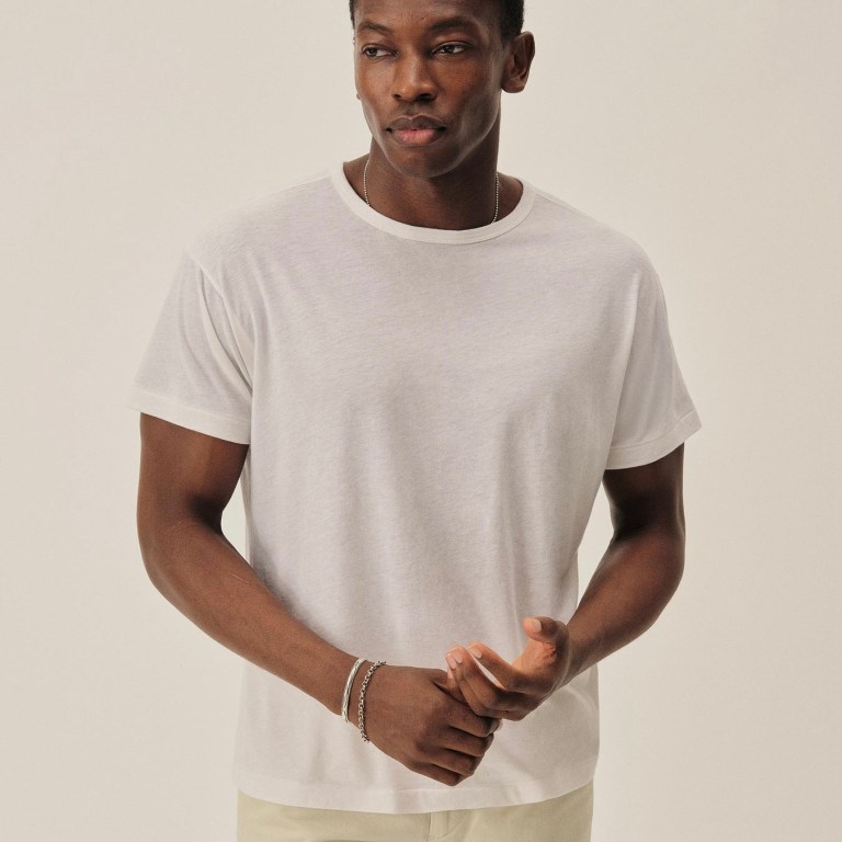 A male model wears Buck Mason's Japanese Cool Cashmere t-shirt