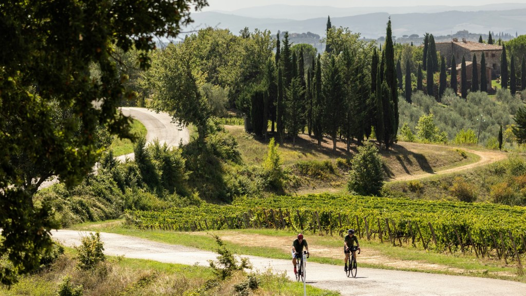 Two cyclists riding their bikes through Tuscany.