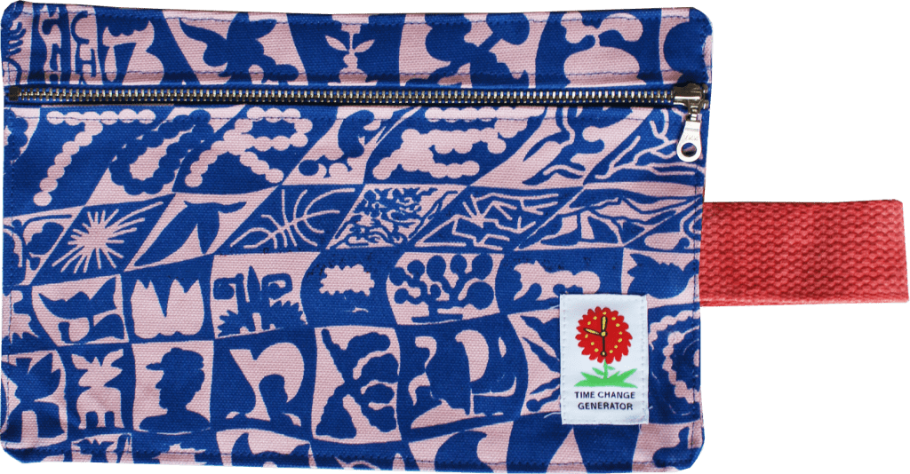 A blue and pink zipper pouch by Time Change Generator.