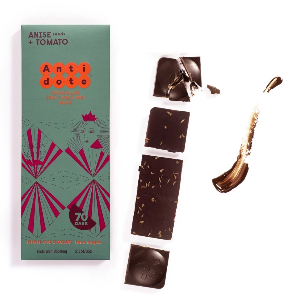 Antidote's Anise seeds and tomato chocolate bar in its package and out of its package