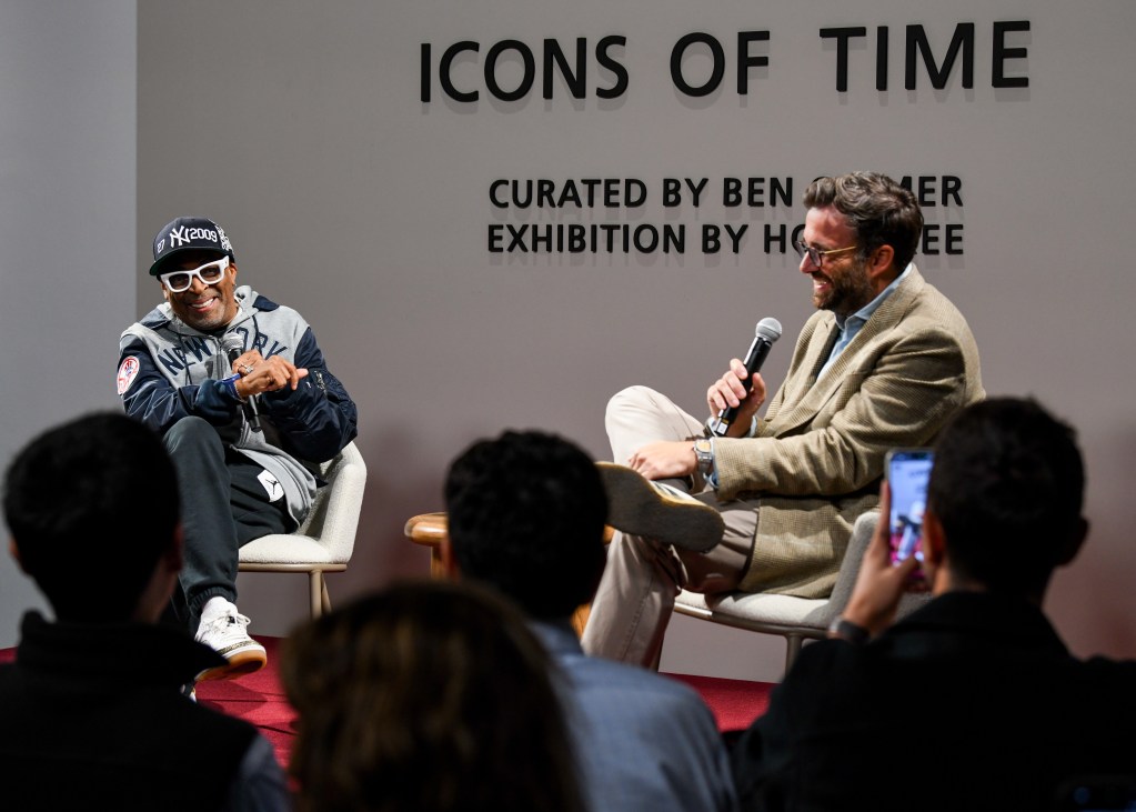 Spike Lee and Ben Clymer speaking at the Icons of Time exhibition.