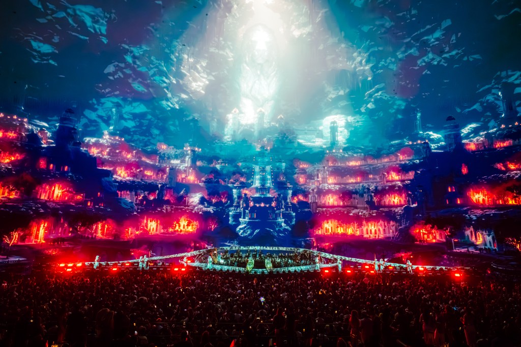 A glowing red laser art show at the Sphere in Las Vegas.