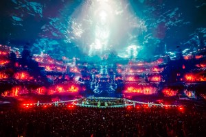 A glowing red laser art show at the Sphere in Las Vegas.