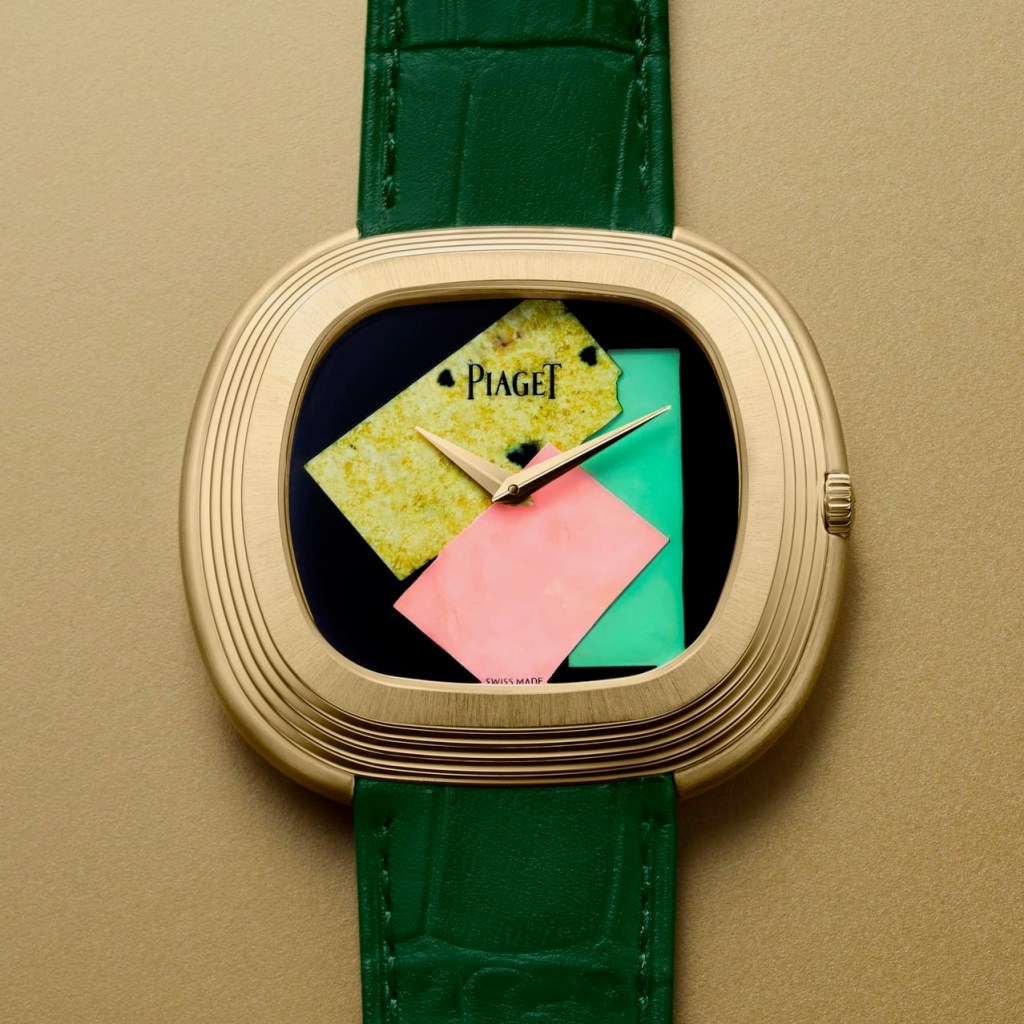 A Piaget gold Andy Warhol limited edition Collage watch is shown on a gold background. The face has three collage elements.