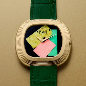 A Piaget gold Andy Warhol limited edition Collage watch is shown on a gold background. The face has three collage elements.