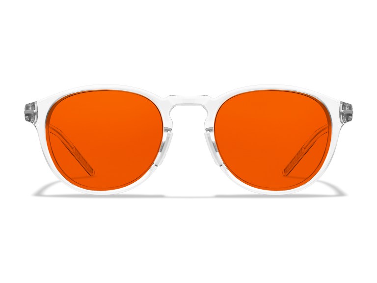 A pair of clear framed Roka Wind Down Glasses with orange lenses on a white background.