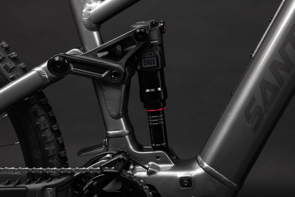 A detail of the Rockshox suspension system on the Santa Cruz Vala Alu 70 bike.