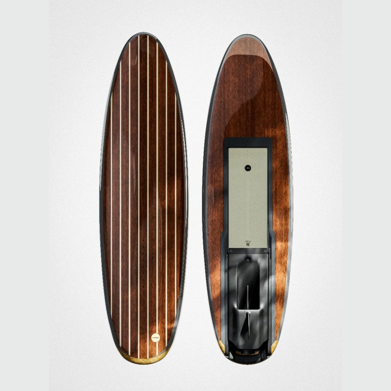 The top and bottom images of Lind's Ventana Redwood surf boards are shown
