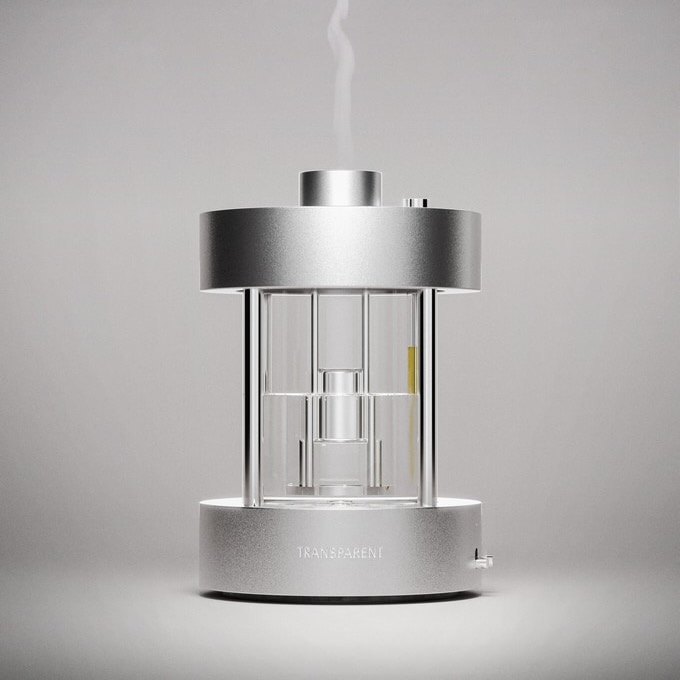 The Transparent diffuser is aluminum, glass and round, on a neutral background