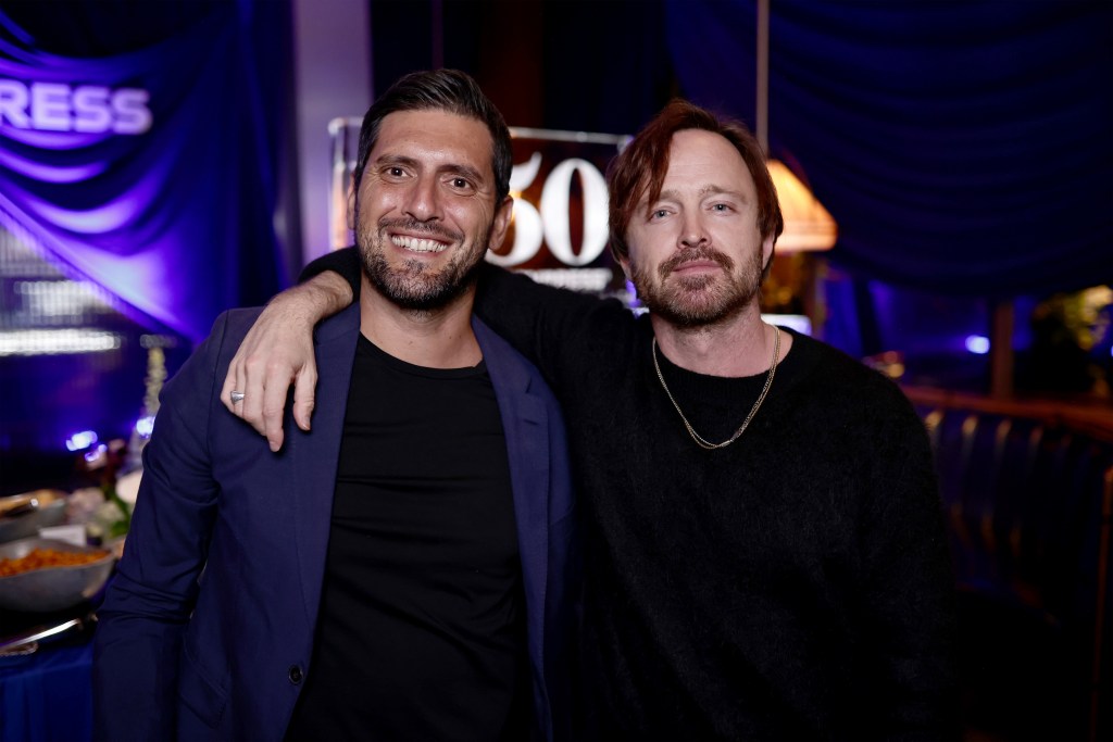 Diego Sabino and Aaron Paul at an exclusive cocktail soirée hosted by Amex and Aaron Paul with The Only Caviar at 1850 by American Express at Aria Resort & Casino in Las Vegas.