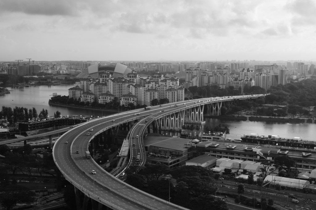 A pulled back view of the Singapore skyline.
