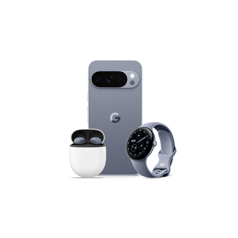 A Google phone, watch and ear buds on a white background.