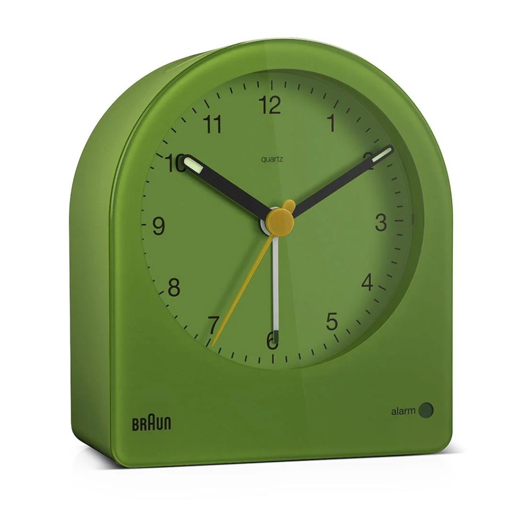 Braun's classic analog alarm clock in green