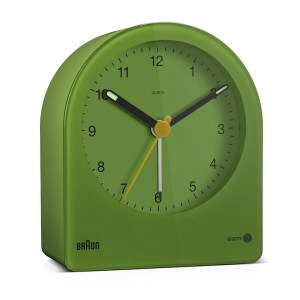 Braun's classic analog alarm clock in green