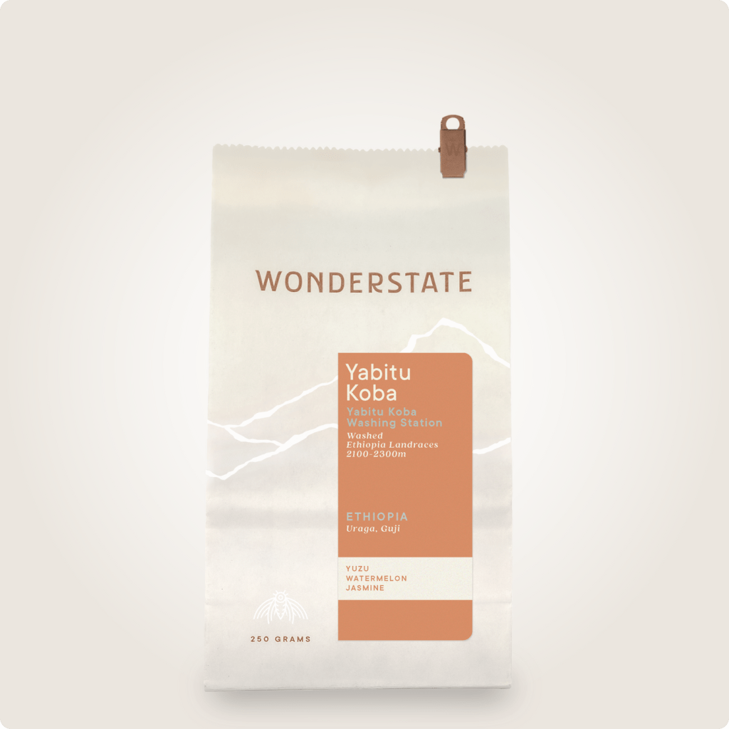 A bag of Wonderstate's Yabitu Koba coffee on a plain background