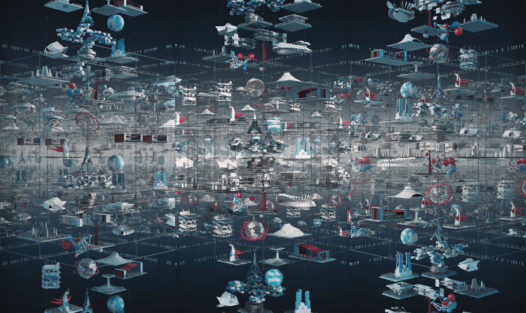 Marco Brambilla's After Uptopia, featuring a surreal AI composition of iconic elements and data from 18 world expositions.