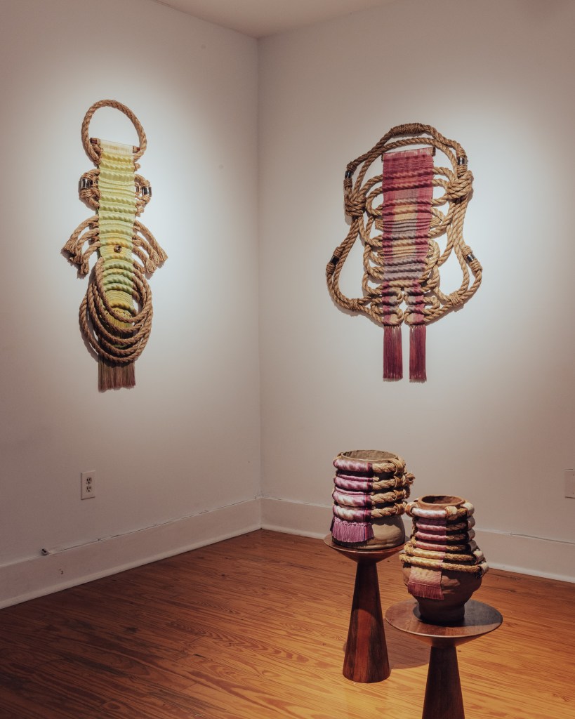 Terumi Saito's woven works Interweaving – Fiber and Clay at Alcova Miami.
