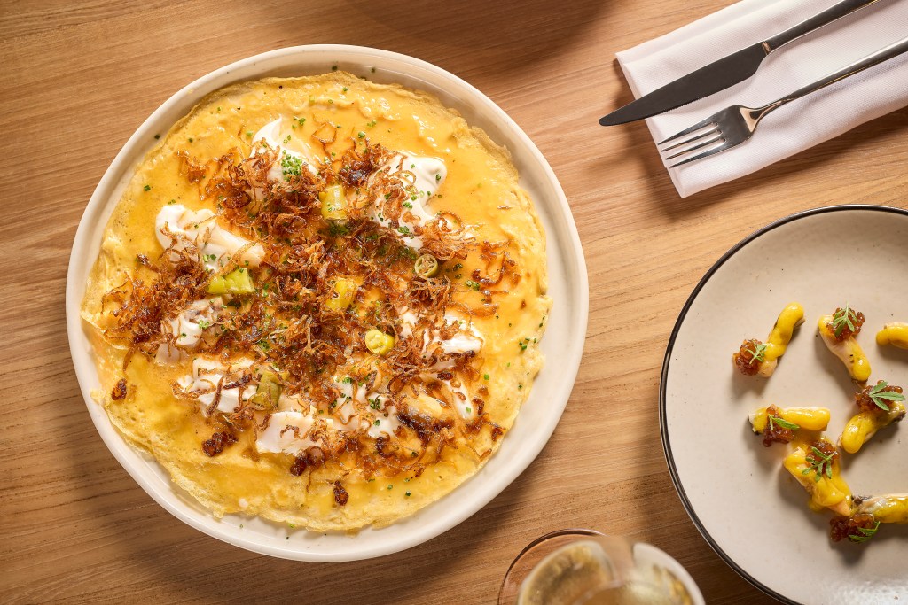 A plated breakfast omelette, shot overhead, at Boavista.