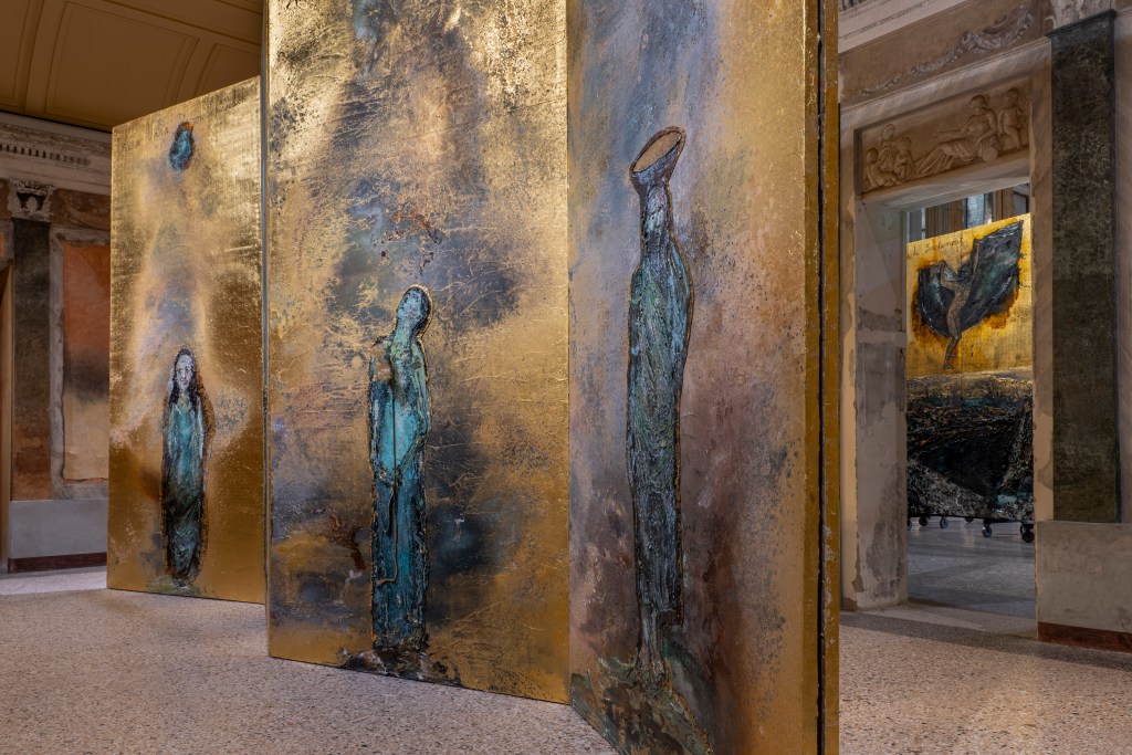 Three Anselm Kiefer paintings with gold backgrounds in the Sala delle Cariatidi.
