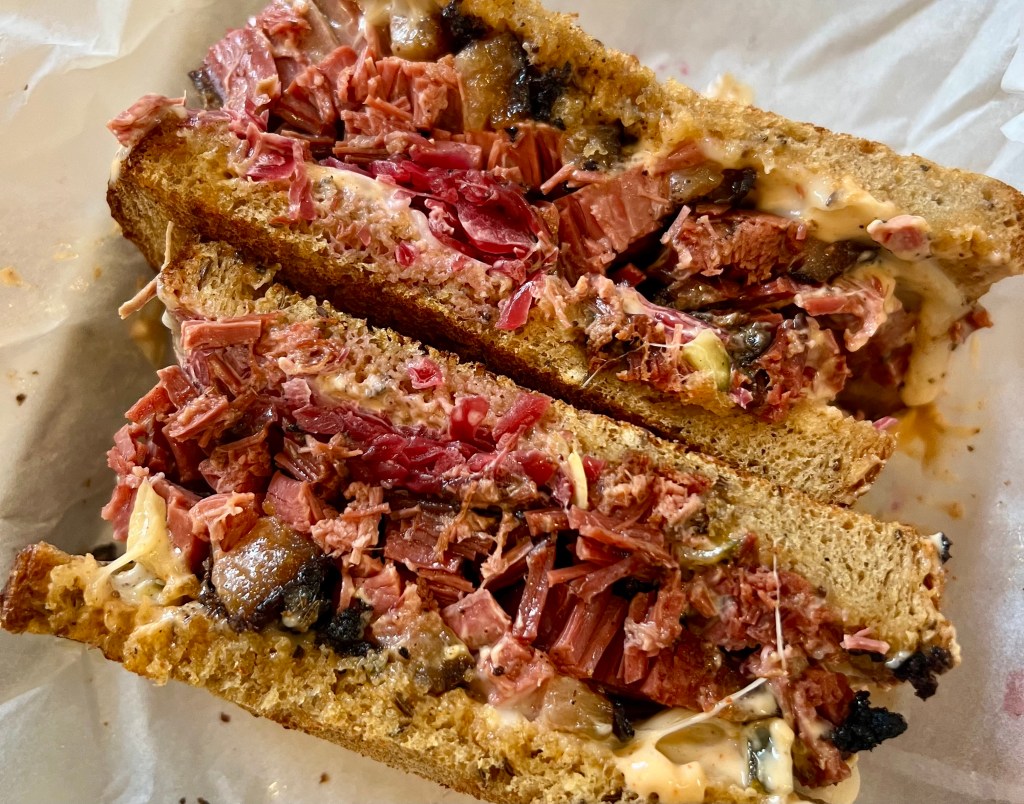 An overhead shot of a sandwich at Larder.