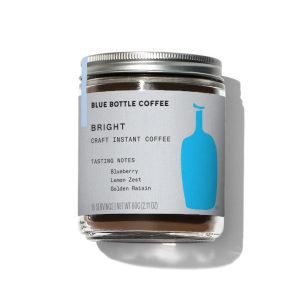 A bottle of Blue Bottle Coffee's Bright Craft Instant Coffee on a plain background
