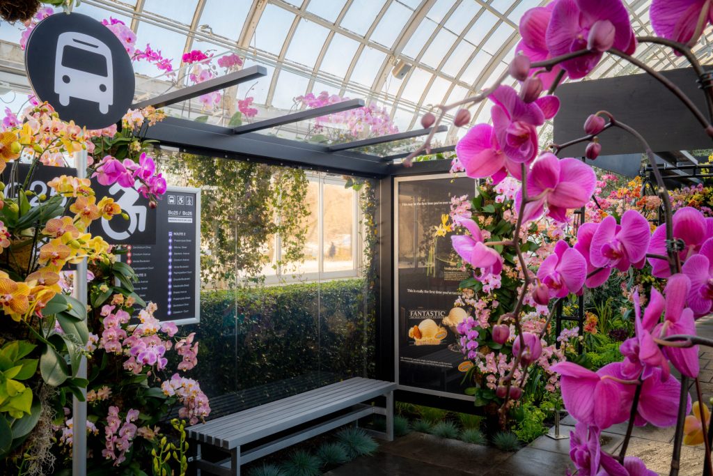 A bus stop at Mr. Flower Fantastic's Concrete Jungle, with pink and yellow orchid flowers surrounding the shelter.