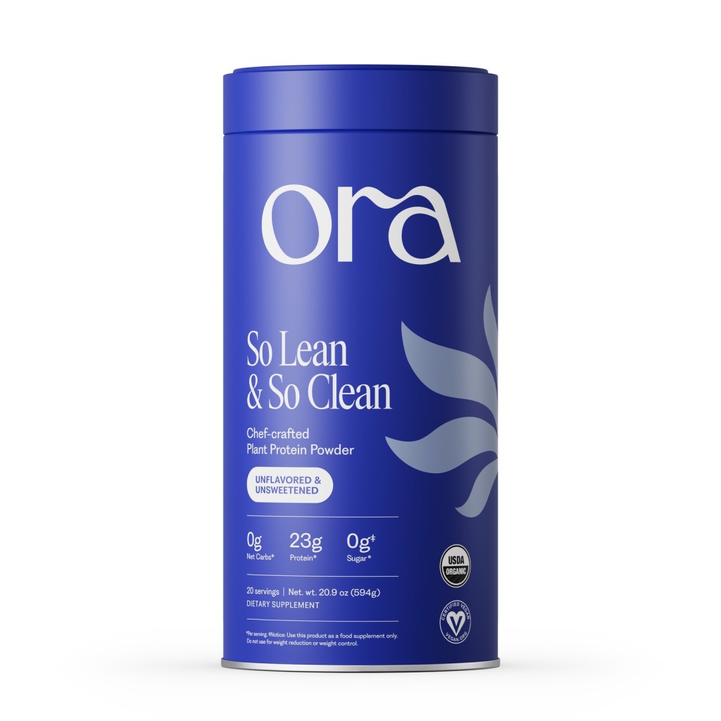 A container of Ora's unflavored and unsweetened protein powder on a plain background