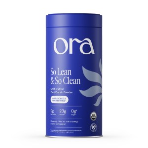 A container of Ora's unflavored and unsweetened protein powder on a plain background