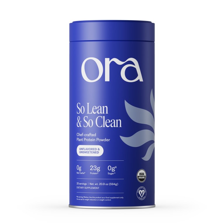 A container of Ora's unflavored and unsweetened protein powder on a plain background