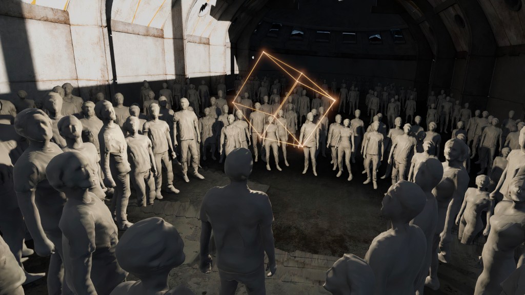A large group of gray, clay-like figures looking at a 3D floating laser cube outline.