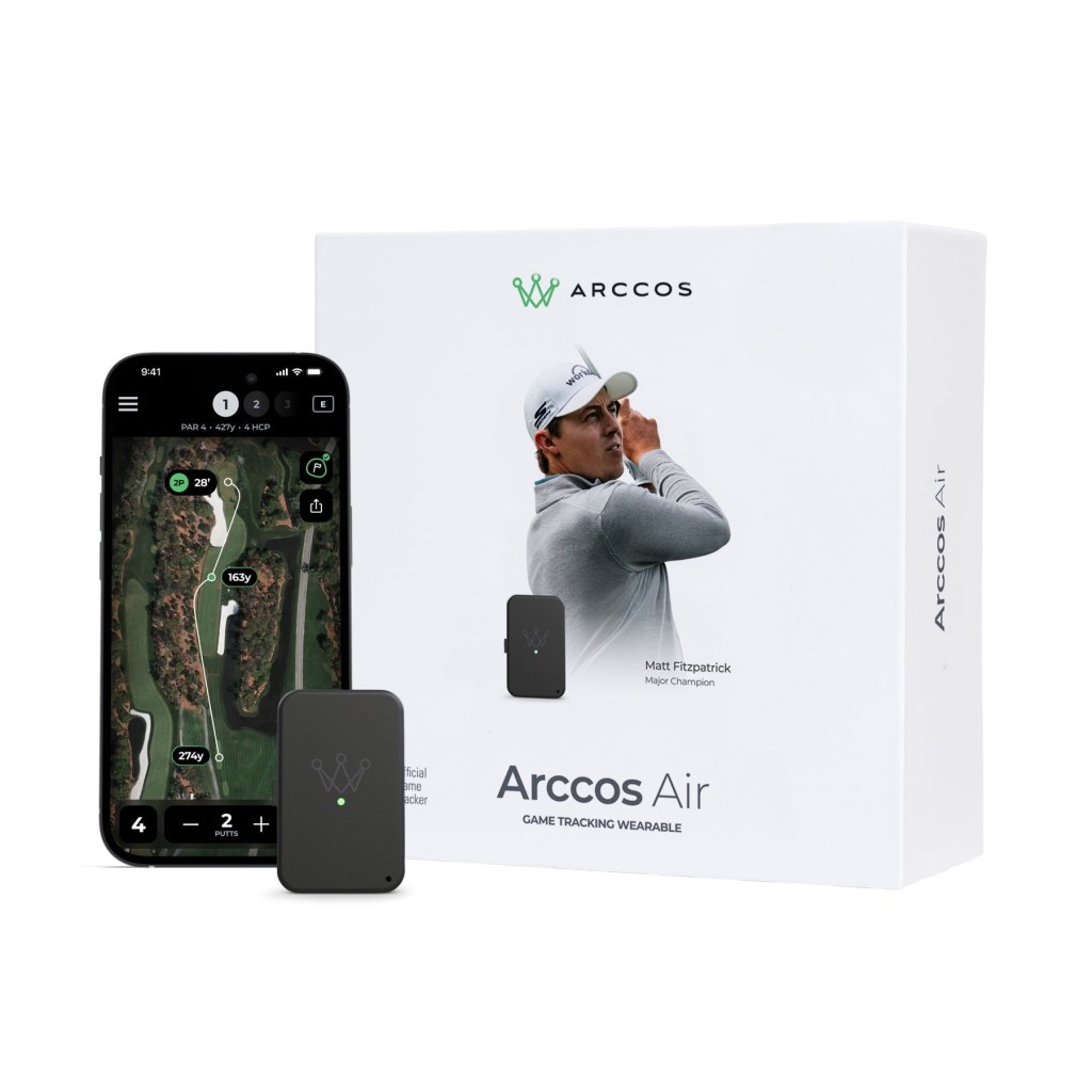 A box, wearable and software screen for the Arccos golf tracker on a plain background