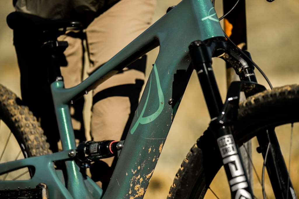 A detail of the rear triangle and shocks on a Lauf eElja bike.