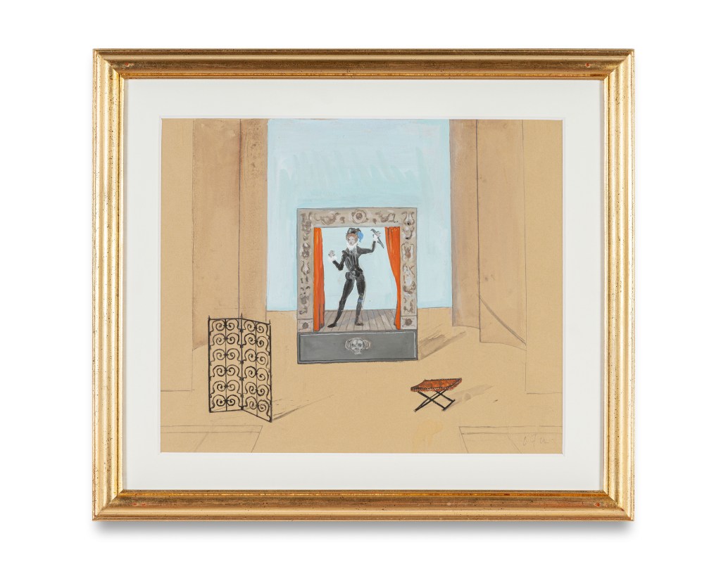 A gold framed painting of a character on a small theater stage by Leonor Fini.