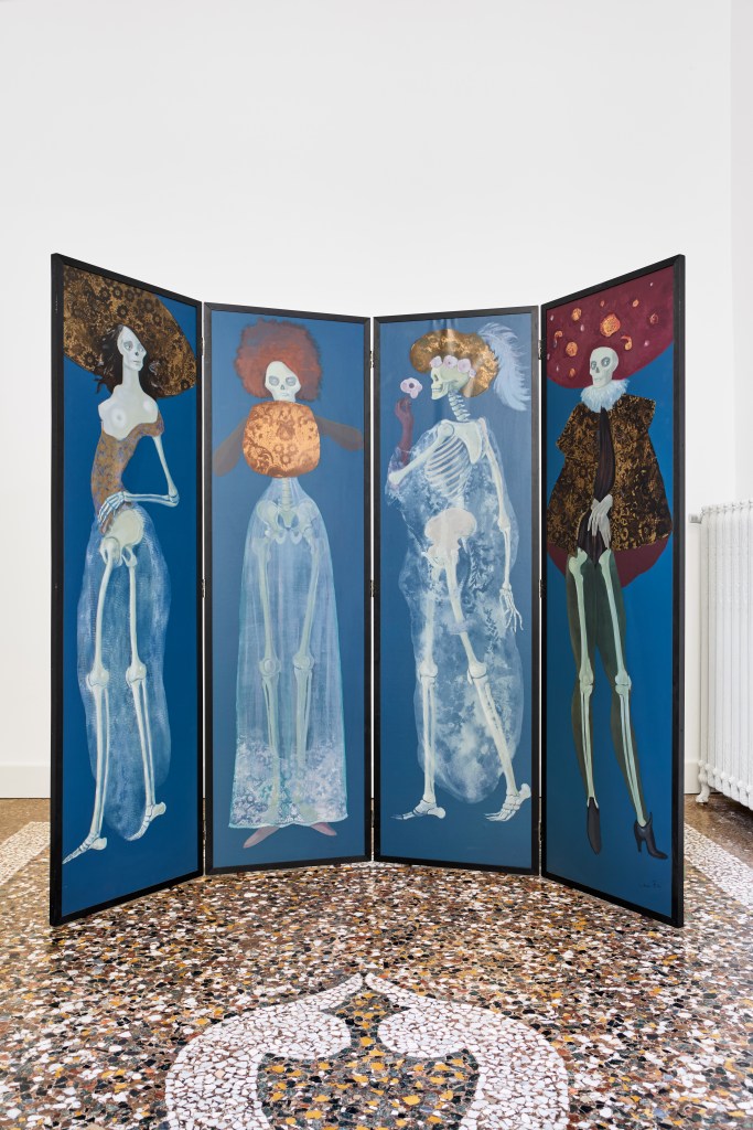 A four-part panel painting of tall skeletons wearing costumes on blue backgrounds. 