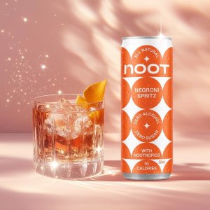 A cocktail in a glass with an ice cube and an orange twist next to a can of Noot's Negroni Spritz