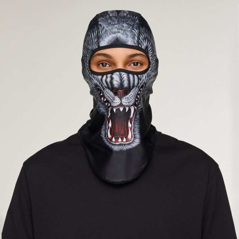 Front view of the Y-3 AMG Petronas balaclava with a wolf's mouth and teeth