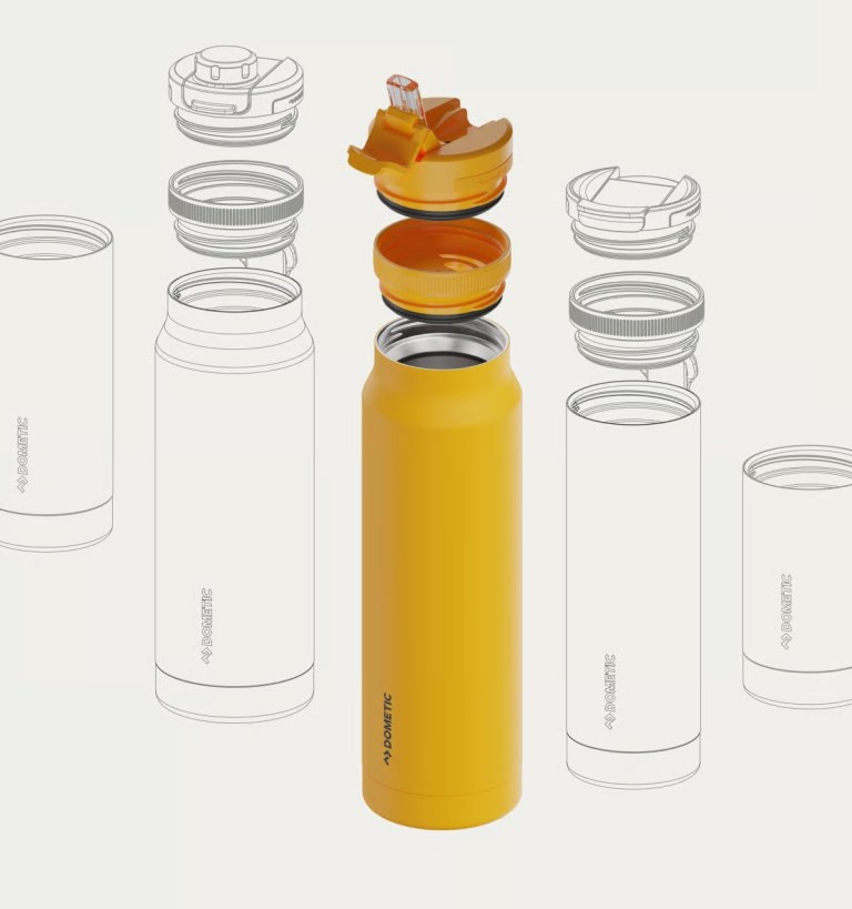 A Dometic 650ml Sip Bottle in "glow" yellow, alongside industrial drawings of the different versions shown with all components stacked, on a white background