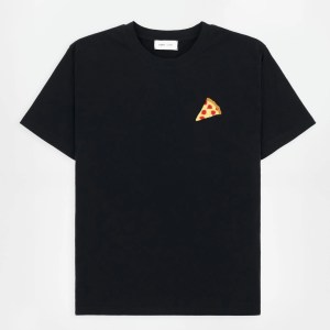 A black short sleeve t-shirt with an embroidered slice of pizza on the front on a plain background
