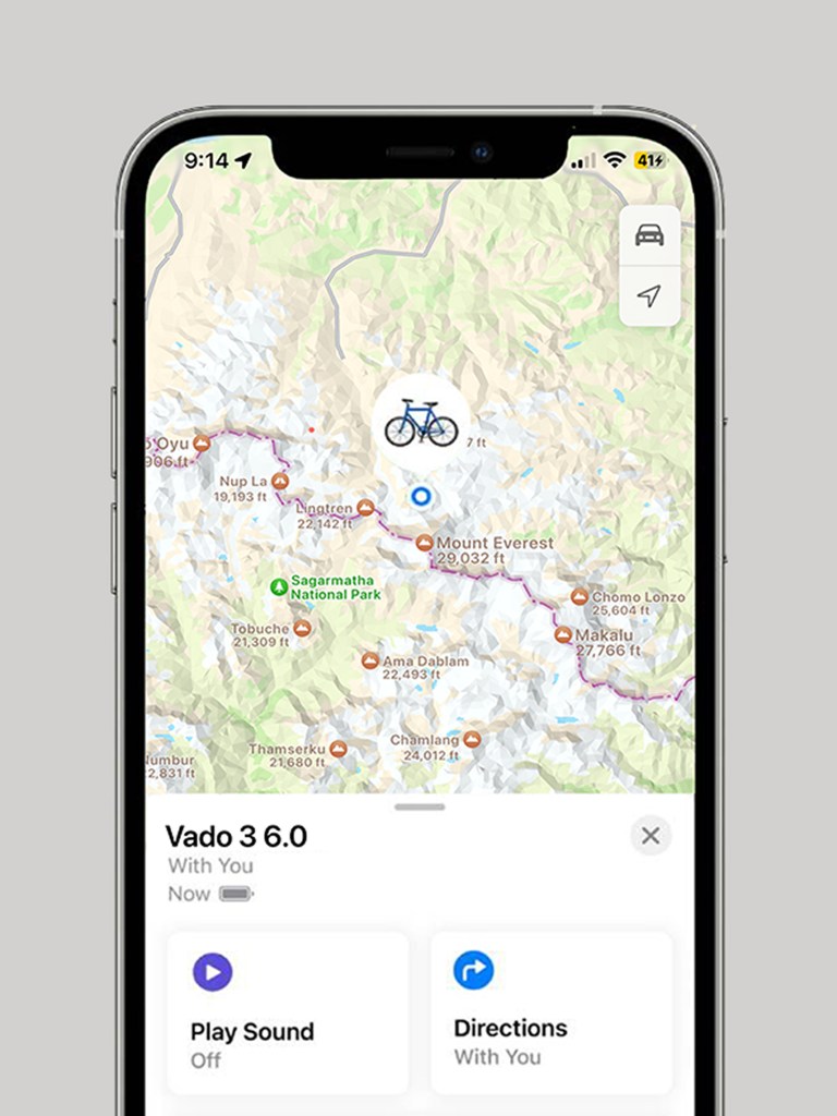 A detail of a Find My screen on an iPhone showing the location of a Vado bike.