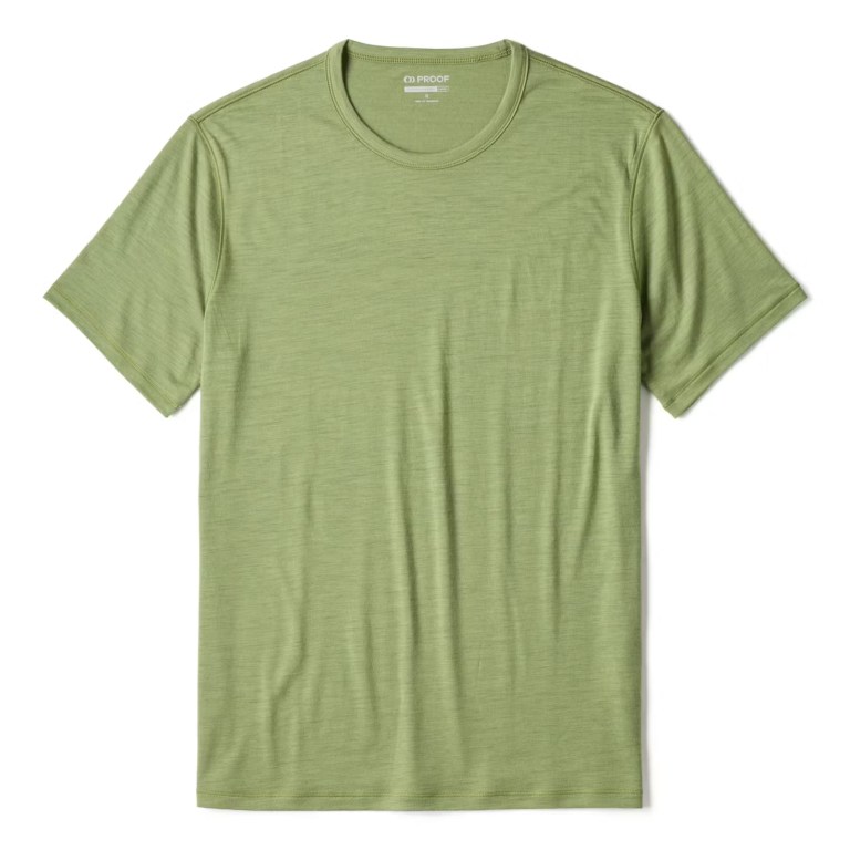 A Huckberry Proof Merino t-shirt in green on a white background