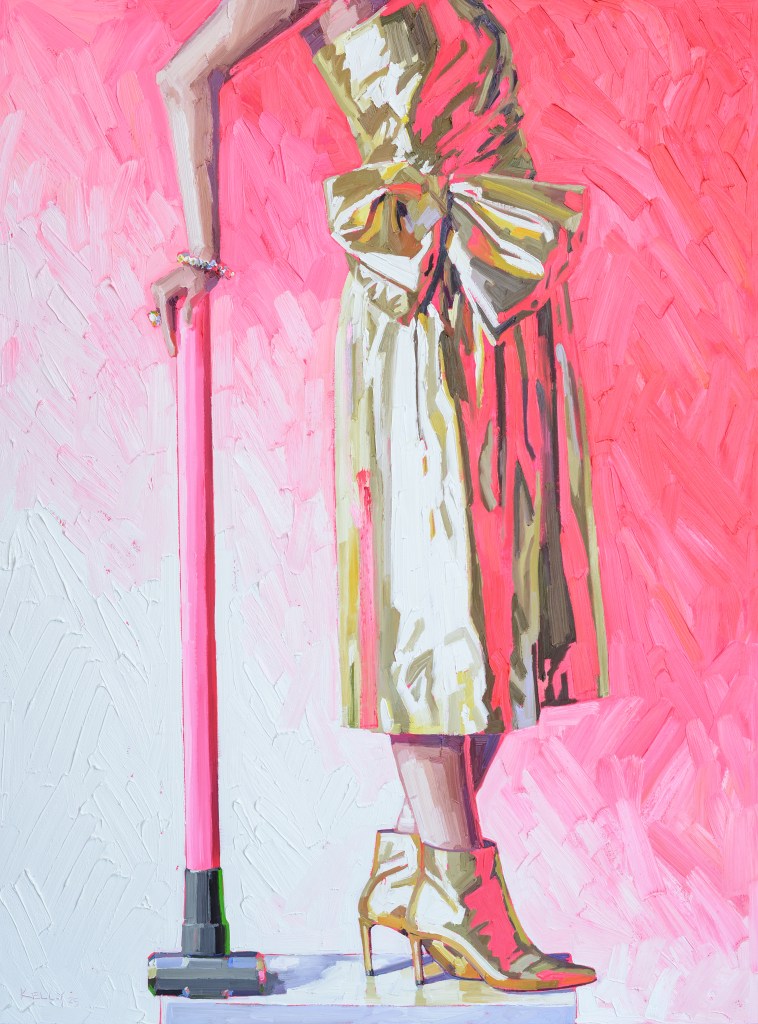 A Kelly Reemsten painting with a pink background depicting a woman's body wearing a gold dress while her arm leans on a pink stick vacuum.