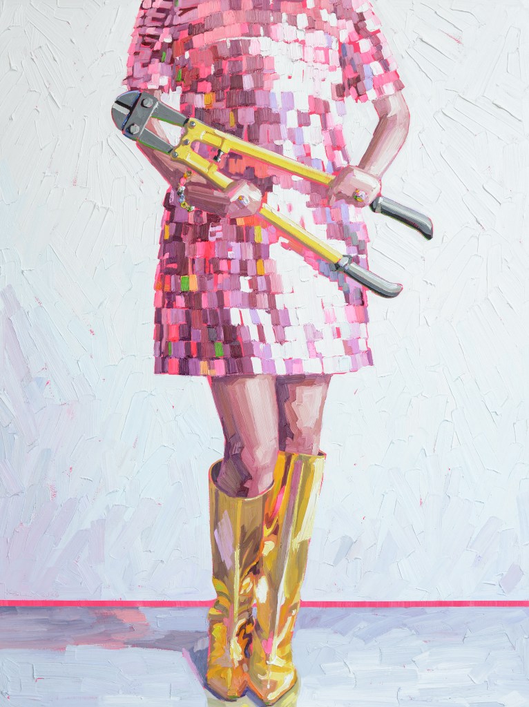 A Kelly Reemsten painting depicting a woman's body wearing tall gold boots and a pink sequined shift dress while holding a pair of large garden shears.
