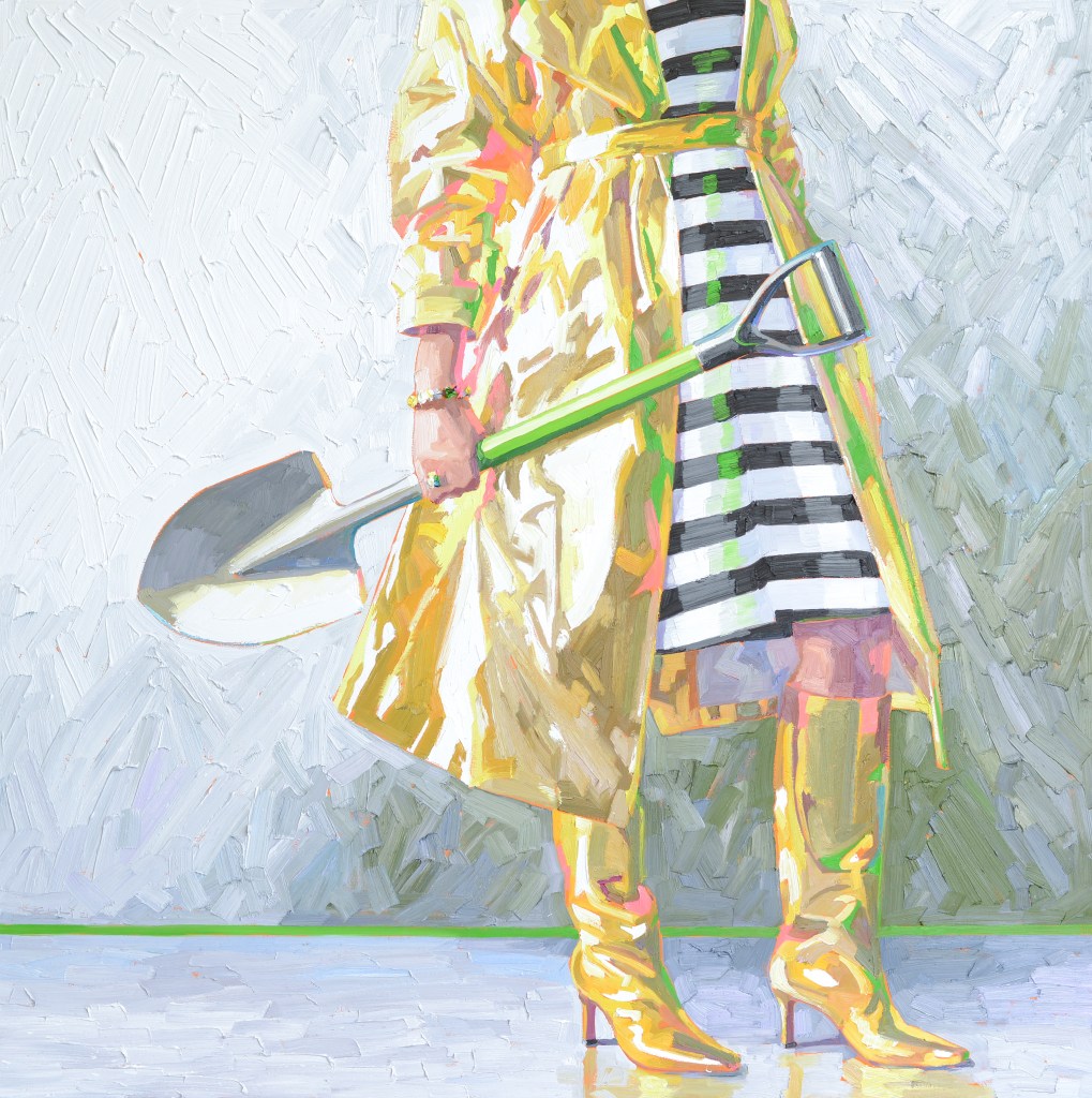 A Kelly Reemsten painting depicting a woman's body wearing tall gold heeled boots, a gold trench coat and a black-and-white striped dress while holding a shovel.