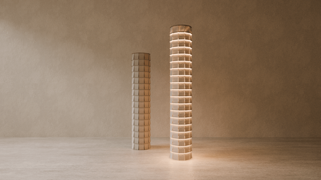 two tall, round lamps, one is illuminated