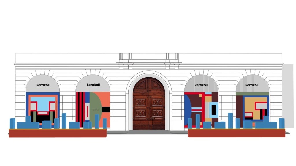 A rendering of various pieces in front of a store with a wooden door and windows