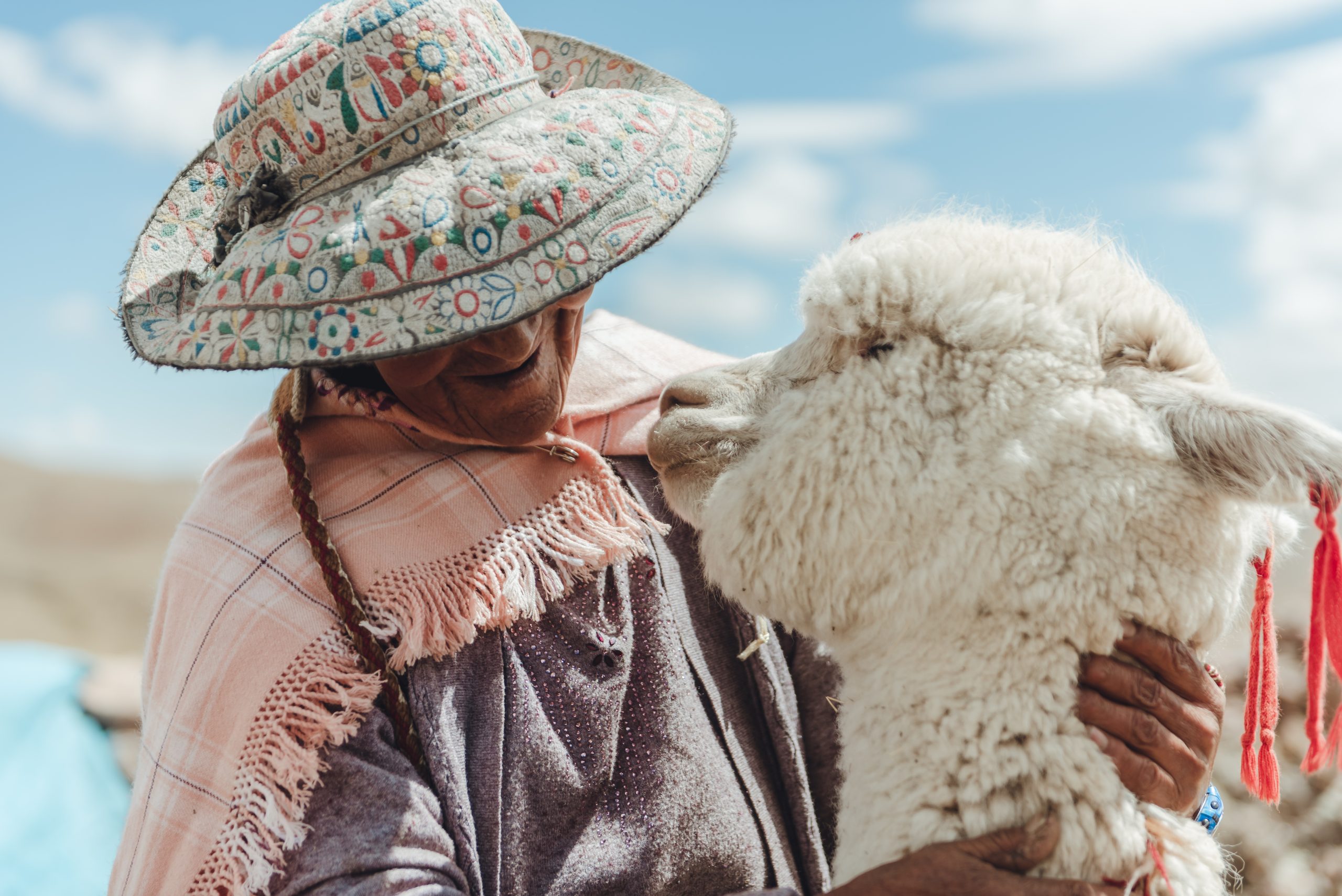 An older Peruvian woman wearing a traditional hat and shawl holds an alpaca close to her face, smiling at it.