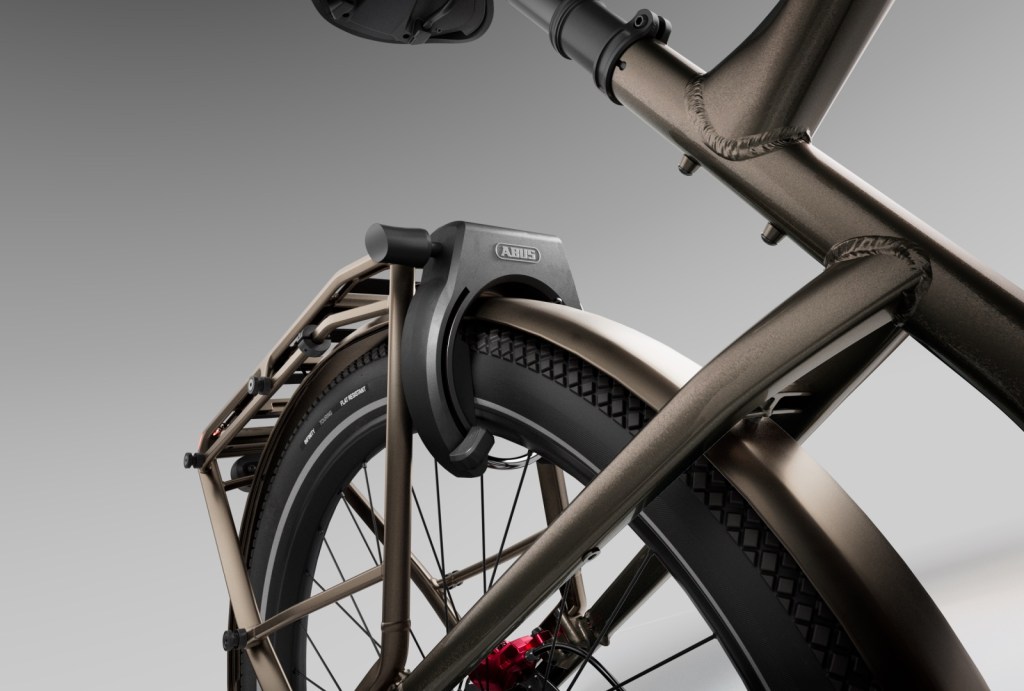 A detail of an integrated back wheel lock on a Specialized bike.