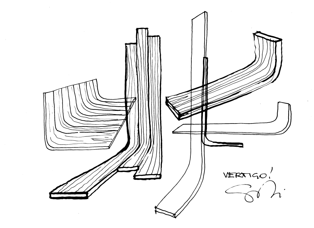 A pencil sketch of bent wood forms