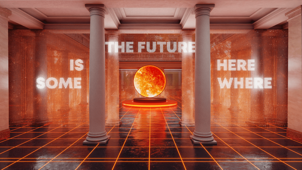 A luminous orange earth sits in an installation with columns and a grid