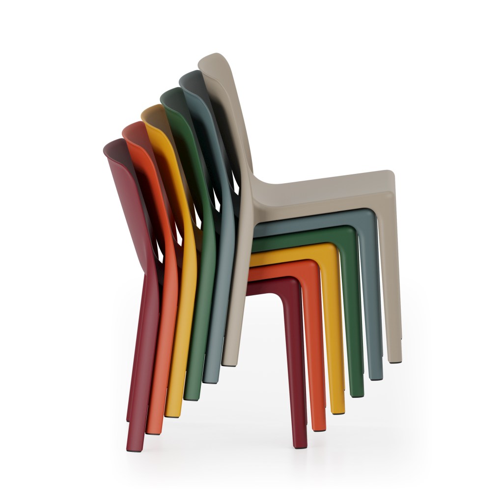 A stack of colorful Linnea chairs on a white background.